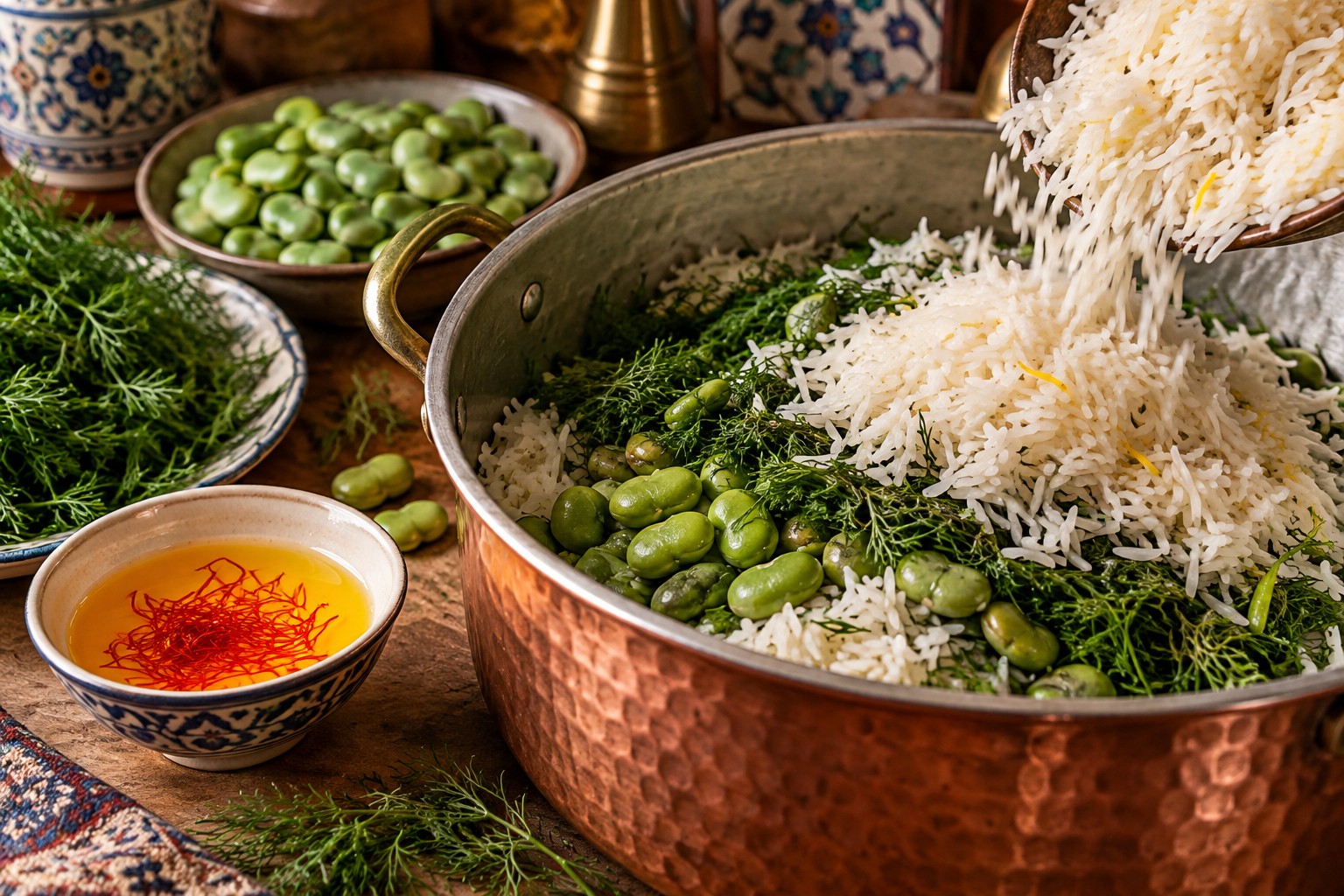 Dill, broad beans, rice and saffron form the aromatic base